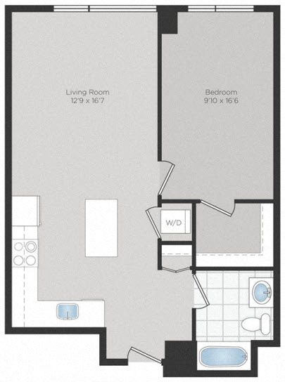 Floor plan for 1 bed, 1 bath, 730 sqft
